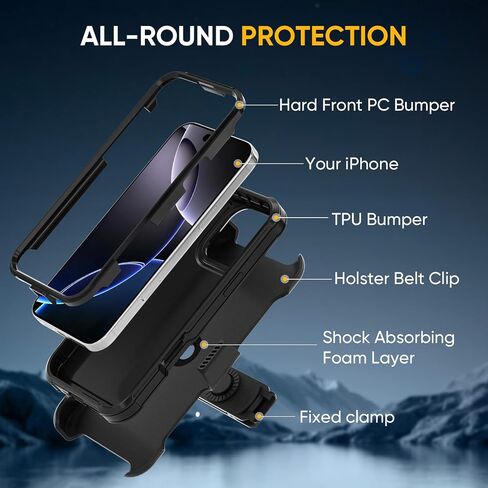 Defender Series for iPhone 15 Pro Max Case with Belt Clip Holster, 360°Rotating Kickstand, Heavy Duty Protection Phone Case, Non Slip Textured Back, Rugged & Durable, Black in Saudi Arabia