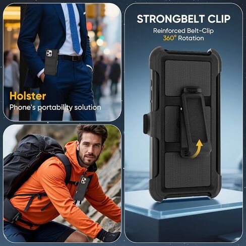 Defender Series for iPhone 15 Pro Max Case with Belt Clip Holster, 360°Rotating Kickstand, Heavy Duty Protection Phone Case, Non Slip Textured Back, Rugged & Durable, Black in Saudi Arabia