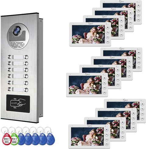 Video Apartment Intercom System,6 Units 7 inch Monitor Wired Video Door Phone Kit,Indoor Outdoor Video Doorbell,ID Keyfobs Unlock,2 Way Audio,6-Screen for Home Apartment (1 Doorbell+12 Monitor) in Kuwait