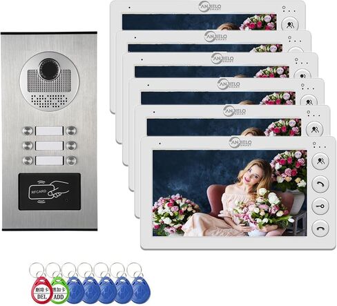 Video Apartment Intercom System,6 Units 7 inch Monitor Wired Video Door Phone Kit,Indoor Outdoor Video Doorbell,ID Keyfobs Unlock,2 Way Audio,6-Screen for Home Apartment (1 Doorbell+12 Monitor) in Kuwait