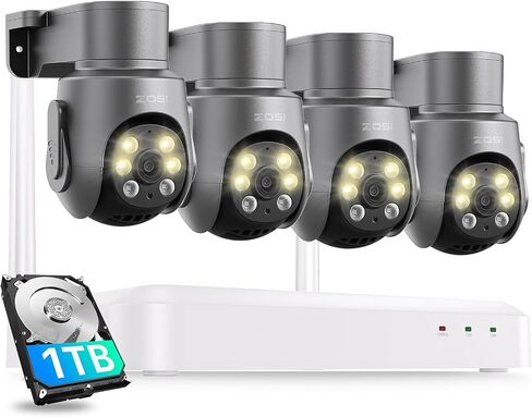 ZOSI 8CH 5MP Plug-in Power Supply Wi-Fi 6 Security Camera System, 4pcs Outdoor Indoor Pan/Tilt WiFi Cameras, Auto Tracking, Color Night Vision, 2-Way Audio, 4K NVR with 1TB HDD for 24/7 Recording in Saudi Arabia