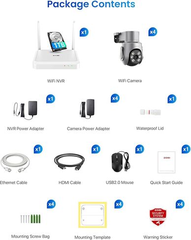 ZOSI 8CH 5MP Plug-in Power Supply Wi-Fi 6 Security Camera System, 4pcs Outdoor Indoor Pan/Tilt WiFi Cameras, Auto Tracking, Color Night Vision, 2-Way Audio, 4K NVR with 1TB HDD for 24/7 Recording in Saudi Arabia