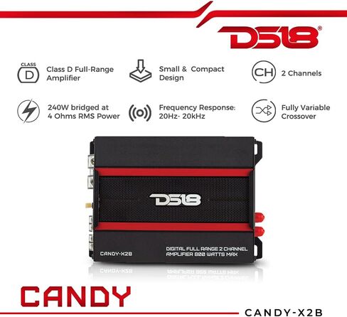 DS18 Candy -X2B Amplifier in Black - Class D ، 2 قنوات ، 800 واط كحد أقصى ، الرقمية ، 2/4 أوم - لا تضحي بالمساحة من أجل السلطة - مضغوط مصغرة أمبلير للمتحدثين في نظام صوت السيارة (متجدد) in Kuwait