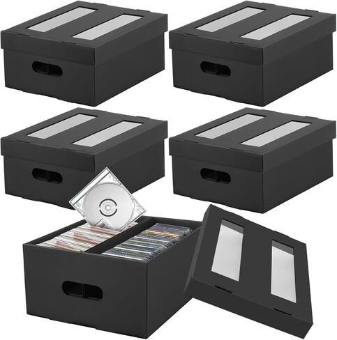 AOBOPLE CD Storage Boxes,5 Pack 2 Compartment CD Case Storage,Cardboard CD Case Holder with PVC Window Lid,Holds 60 CDs in Full Jewel Cases,120 CDs in Slim Cases and 330 Discs in CD Sleeves in Kuwait