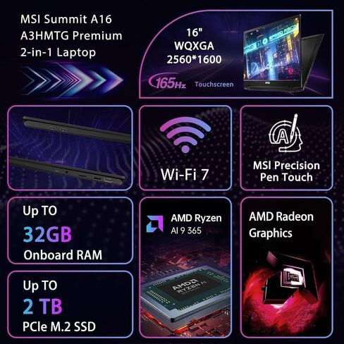 MSI Summit A16 2-in-1 AI Copilot+ PC Business Business Captop ، 16 "QHD+ 2560 X 1600 165Hz Touchnen ، AMD RYZEN AI 9 365 ، 32GB LPDDR5X ، 2TB SSD ، AMD RADEON 880M ، WIFI 7 ، Pissionprint ، Win11 in Saudi Arabia