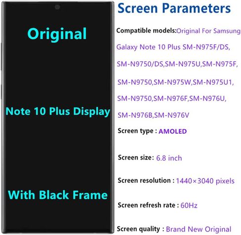 6.8" Original AMOLED Display for Samsung Galaxy NOTE10 Plus SM-N975U SM-N975U1 SM-N975W SM-N976U Screen Replacement Note 10 Plus 5G Display Touch Screen Digitizer (with Black Frame+Back Cover+Tools) in Kuwait