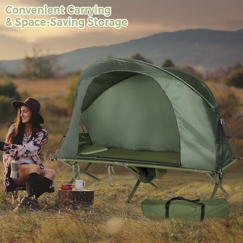 Tangkula 4-in-1 Camping Cot Tent Tent ، قابلة للطي من الأرض المرتفعة لشخص واحد ، محمول مع غطاء خارجي مقاوم للماء ، مرتبة هواء وحقيبة ، مثالية للمشي في الهواء الطلق ، التخييم in Kuwait