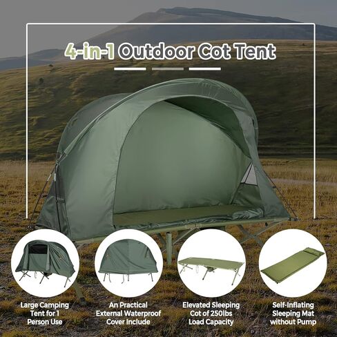 Tangkula 4-in-1 Camping Cot Tent Tent ، قابلة للطي من الأرض المرتفعة لشخص واحد ، محمول مع غطاء خارجي مقاوم للماء ، مرتبة هواء وحقيبة ، مثالية للمشي في الهواء الطلق ، التخييم in Kuwait