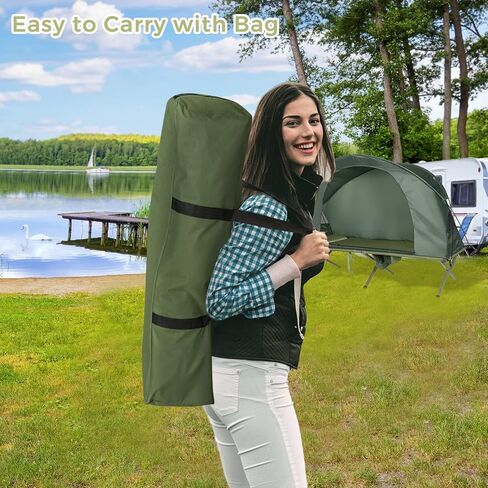 Tangkula 4-in-1 Camping Cot Tent Tent ، قابلة للطي من الأرض المرتفعة لشخص واحد ، محمول مع غطاء خارجي مقاوم للماء ، مرتبة هواء وحقيبة ، مثالية للمشي في الهواء الطلق ، التخييم in Kuwait