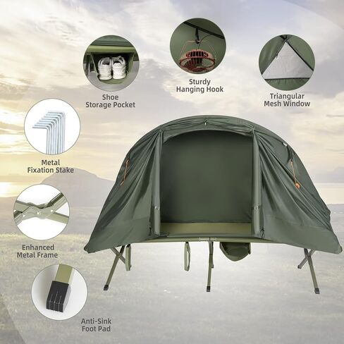 Tangkula 4-in-1 Camping Cot Tent Tent ، قابلة للطي من الأرض المرتفعة لشخص واحد ، محمول مع غطاء خارجي مقاوم للماء ، مرتبة هواء وحقيبة ، مثالية للمشي في الهواء الطلق ، التخييم in Kuwait