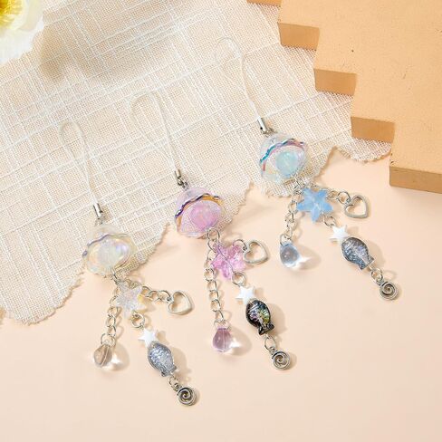 BEEFLYING 4Pcs Cute Acrylic Phone Charm Straps, with Mermaid Tail Butterfly Flower Star Moon Jellyfish,for Cellphone Keychain Bags Cameras Earphones Decor, Mixed Colors in Kuwait