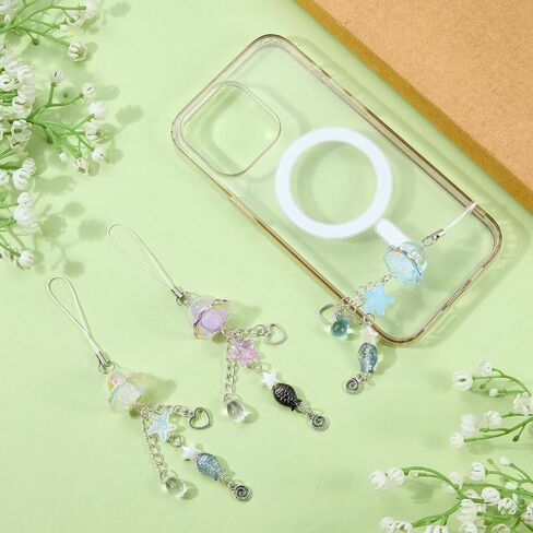 BEEFLYING 4Pcs Cute Acrylic Phone Charm Straps, with Mermaid Tail Butterfly Flower Star Moon Jellyfish,for Cellphone Keychain Bags Cameras Earphones Decor, Mixed Colors in Kuwait