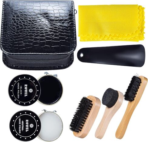 YUET Shoe Shine Cleaning Care Barrel Kit Set For Brown Black Leather With Polish Brush Travel Case Luxury Premium Soft Horsehair Bristle Dauber, Wooden Applicator, Shoehorn, Cloth 8 Piece in Saudi Arabia