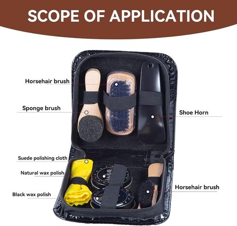YUET Shoe Shine Cleaning Care Barrel Kit Set For Brown Black Leather With Polish Brush Travel Case Luxury Premium Soft Horsehair Bristle Dauber, Wooden Applicator, Shoehorn, Cloth 8 Piece in Saudi Arabia