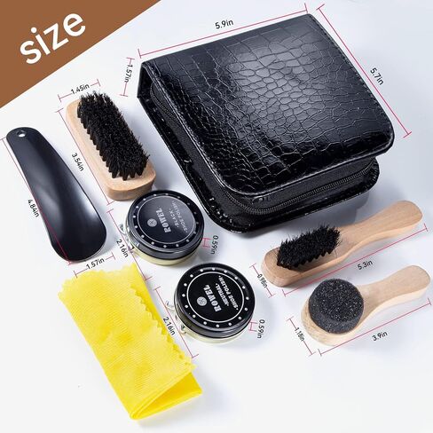 YUET Shoe Shine Cleaning Care Barrel Kit Set For Brown Black Leather With Polish Brush Travel Case Luxury Premium Soft Horsehair Bristle Dauber, Wooden Applicator, Shoehorn, Cloth 8 Piece in Saudi Arabia
