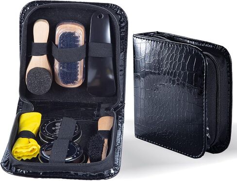 YUET Shoe Shine Cleaning Care Barrel Kit Set For Brown Black Leather With Polish Brush Travel Case Luxury Premium Soft Horsehair Bristle Dauber, Wooden Applicator, Shoehorn, Cloth 8 Piece in Saudi Arabia