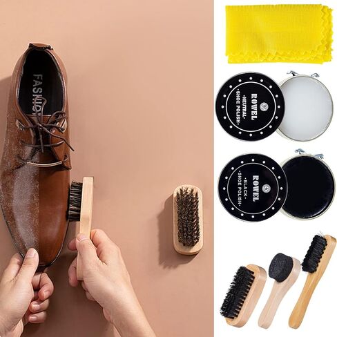 YUET Shoe Shine Cleaning Care Barrel Kit Set For Brown Black Leather With Polish Brush Travel Case Luxury Premium Soft Horsehair Bristle Dauber, Wooden Applicator, Shoehorn, Cloth 8 Piece in Saudi Arabia