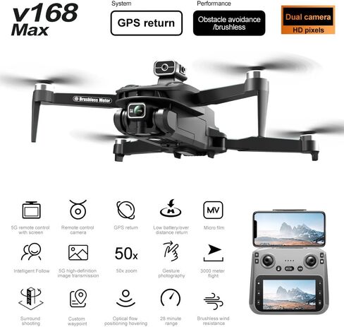 مروع! V168 Pro Max Drone مع كاميرا 8K HD PTZ الأمامية ، 4 ، شاشة 5 بوصات RC ، وربط الدوار المحركات بدون فرش ، والعودة التلقائية GPS ، والبطارية المنخفضة للبطارية ، وتجنب عقبة 4 اتجاهات ، والتقاط صور الإيماءات ، و Zoom 50x ، والعدسة المزدوجة ، والتصميم الق in Kuwait
