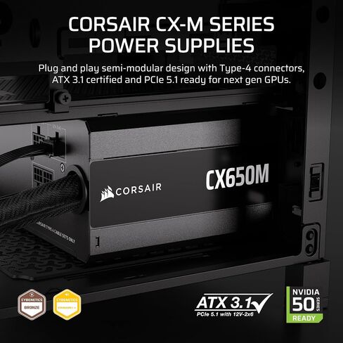 Corsair CX650M (2025) Semi Modular ATX 3.1 PCIe 5.1 Low-Noise 650W Power Supply with 12V-2x6 Cable – Cybenetics Bronze Efficiency, LLC Topology, 105°C Capacitors – Black in Saudi Arabia