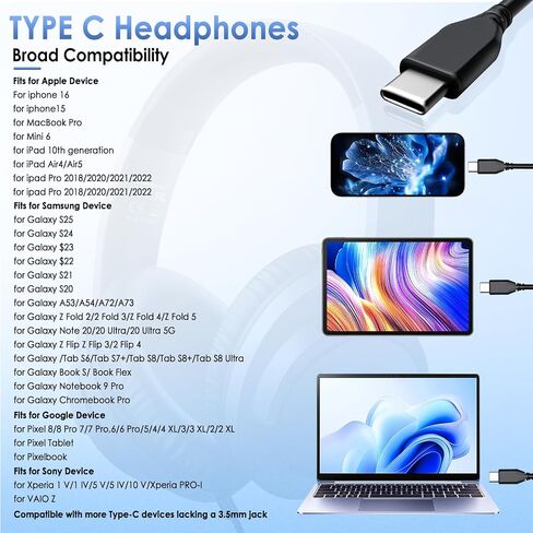سماعات رأس USB C Wired-USB-C/Type C عبر سماعة رأس الأذن مع الميكروفون ، صوت استريو HD-قابلة للطي وخفيفة الوزن سلكية سلكية ل iPhone 15-16/Samsung/Type-C Captop/Tablet in Kuwait