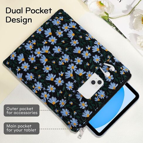 Dadanism 9-11 Inch Embroidered Daisy Padded Carrying Case Tablet Sleeve | Fits iPad A16 11th Gen 11"/10th Gen 10.9", iPad Air M4 11"/Pro M5 11", iPad Air 5/4th 10.9", Galaxy Tab A11+ Plus 11", Beige in Kuwait