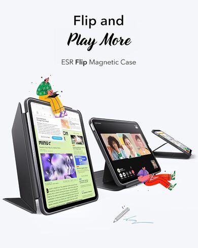 ESR لحالة iPad A16 ، حالة الجيل الحادي عشر/العاشر iPad (2025/2022) ، غطاء الحامل العمودي ، زوايا حامل متعددة ، غطاء مستقر فائق ، فليب ، أسود in Kuwait