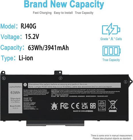63WH RJ40G بطارية الكمبيوتر المحمول البديل لدقة Dell 15 3560 Latitude 14 5420 Latitude 15 5520 Series P137G P137G001 P104F P104F001 M033W WY9DX 01K2CF 0M3KCN 075X16 0WK3F1 005R42 3941MAH in Saudi Arabia