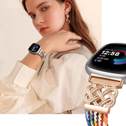 Braided Band Compatible with Fitbit Versa 4 Bands for Woman/Versa 3/Sense 1/Sense 2 Band, Magnetic Clasp Fabric Nylon with Designer Interlock Buckle Straps for Fitbit Versa4/3/Sense1/2 in Kuwait