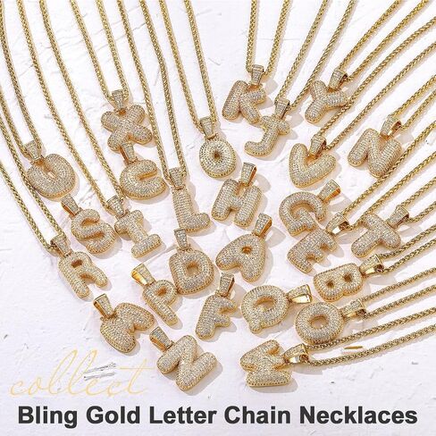 GOLDCHIC JEWELRY قلادة فقاعات مثلجة مخصصة للرجال، قلادة بحروف أولية مطلية بالذهب تشيكوسلوفاكيا مع سلسلة تنس، سحر الأبجدية تشيكوسلوفاكيا للرجال والنساء مجوهرات الهيب هوب من الألف إلى الياء in Kuwait
