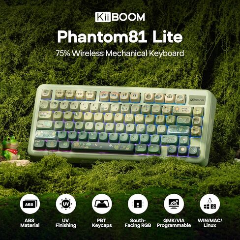 KiiBoom Phantom81 Lite 75% Gasket Mechanical Keyboard, QMK&VIA Programmable, 3 Modes Wireless Gaming Keyboard, RGB Backlights, ABS Case + UV Tech, Hot-Swappable for Windows/Mac/Linux (Green) in Kuwait