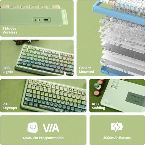 KiiBoom Phantom81 Lite 75% Gasket Mechanical Keyboard, QMK&VIA Programmable, 3 Modes Wireless Gaming Keyboard, RGB Backlights, ABS Case + UV Tech, Hot-Swappable for Windows/Mac/Linux (Green) in Kuwait