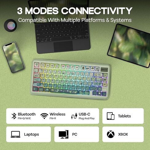 KiiBoom Phantom81 Lite 75% Gasket Mechanical Keyboard, QMK&VIA Programmable, 3 Modes Wireless Gaming Keyboard, RGB Backlights, ABS Case + UV Tech, Hot-Swappable for Windows/Mac/Linux (Green) in Kuwait