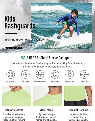 قميص سباحة TSLA UPF 50+ للشباب بأكمام قصيرة للحماية من الطفح الجلدي، قميص سباحة لركوب الأمواج من الأشعة فوق البنفسجية/عامل حماية من الشمس (SPF)، قميص سباحة مائي مائي in Kuwait