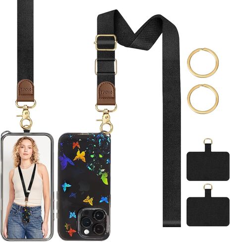 Timovo for iPhone 16 Pro Max Case مع حزام ، تغطية هاتف TPU الناعمة الشفافة للهاتف مع حبل Crossbody قابل للتعديل قابل للتعديل وحزام المعصم ، الأزهار باللون الأسود in Saudi Arabia