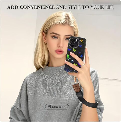 Timovo for iPhone 16 Pro Max Case مع حزام ، تغطية هاتف TPU الناعمة الشفافة للهاتف مع حبل Crossbody قابل للتعديل قابل للتعديل وحزام المعصم ، الأزهار باللون الأسود in Saudi Arabia