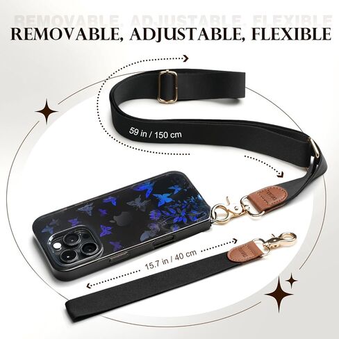 Timovo for iPhone 16 Pro Max Case مع حزام ، تغطية هاتف TPU الناعمة الشفافة للهاتف مع حبل Crossbody قابل للتعديل قابل للتعديل وحزام المعصم ، الأزهار باللون الأسود in Saudi Arabia