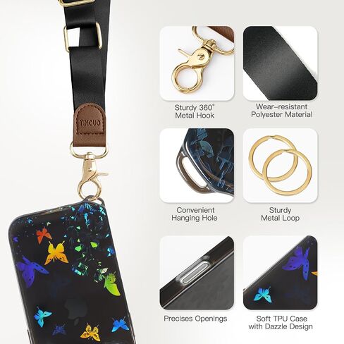 Timovo for iPhone 16 Pro Max Case مع حزام ، تغطية هاتف TPU الناعمة الشفافة للهاتف مع حبل Crossbody قابل للتعديل قابل للتعديل وحزام المعصم ، الأزهار باللون الأسود in Saudi Arabia