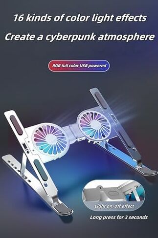 Adjustable Laptop Cooling Stand with 2 Quiet Fans & RGB Lighting, Ergonomic Foldable Design for 10-17" Laptops, Aluminum Alloy Cooling Pad for Gaming, DJ & Office Use in Kuwait