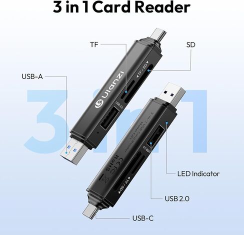 ULANZI CRI1 3-in-1 SD/TF/USB Card Reader, USB 3.1 High-Speed 170MB/s, Triple-Slot Simultaneous, Dual USB-C/A, Case-Friendly Port, w/Carabiner Clip for Phone/Tablet/Mac/PC/Android/Photographer in Saudi Arabia