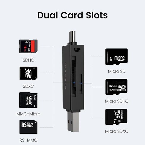 MOGOOD SD CARD Reader USB C READER AMMARY CARDER USB 2.0 MICRO SD ADAPTER DUAL CONNECTOR USB 2.0/USB C يدعم محول بطاقة الذاكرة USB C SD/MICRO SD/SDHC/SDXC/MMC لـ MacBookpro ، iPad Pro ، iPhone16 in Kuwait
