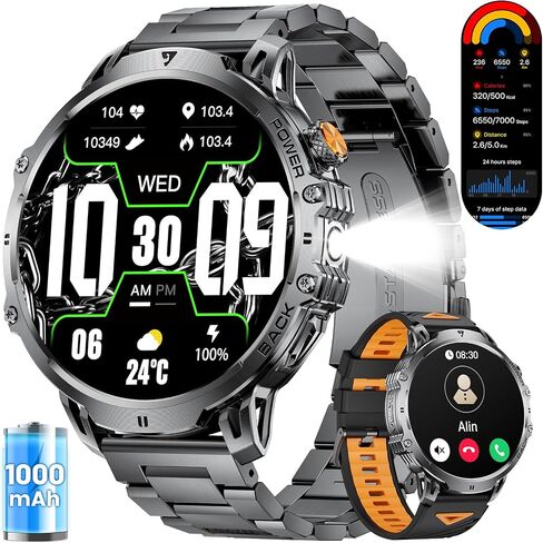 LIGE Smart Watches for Men with 50+Days Standby(1000mAh)/1.85" HD AMOLED Large Screen/Flashlight/50M Waterproof,100+ Sports Fitness Tracker Watch,Pedometer Mens Military Smart Watch for Android iPhone in Saudi Arabia