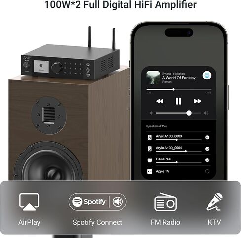 ARYLIC A100 Wireless Digital HIFI Amplifier مع راديو FM ، 100W × 2 WIFI & Bluetooth Audio Receiver ، يدعم Airplay و Spotify Connect و MultiRoom ومثالية لـ KTV والمسرح المنزلي والبث. in Kuwait