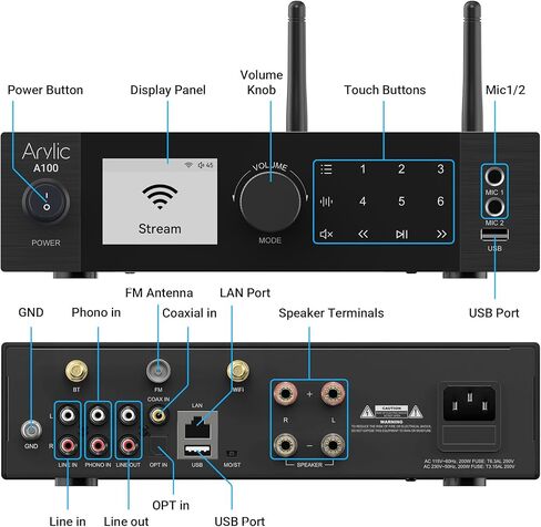 ARYLIC A100 Wireless Digital HIFI Amplifier مع راديو FM ، 100W × 2 WIFI & Bluetooth Audio Receiver ، يدعم Airplay و Spotify Connect و MultiRoom ومثالية لـ KTV والمسرح المنزلي والبث. in Kuwait