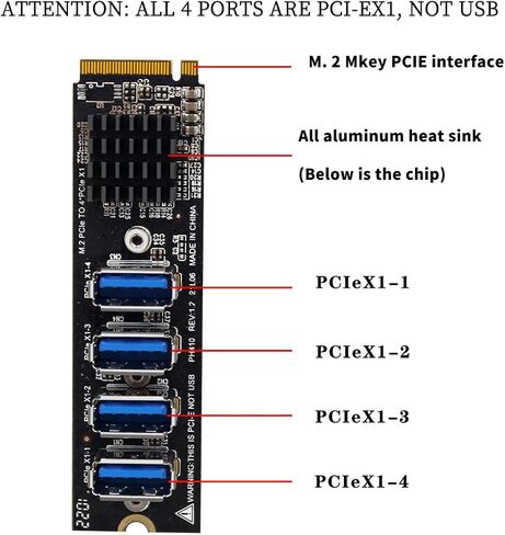 PH410 M.2 MKEY PCIE إلى 4Port PCI-E X1 بطاقة تمديد من 1 إلى 4 توسيع بطاقة الرسومات USB3.0 لسطح المكتب in Saudi Arabia