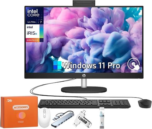 HP 27 inch Touchscreen All in One Desktop Computer, Intel 12-core Ultra 7 155U(Up to 4.8 GHz), Intel IrisX Graphics, 64 GB DDR5, 1 TB SSD, Wired KB & Mouse, Windows 11 Pro, w/RH-Accessories in Saudi Arabia