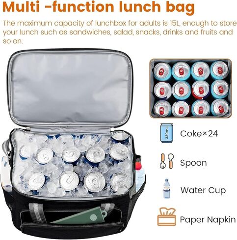 حقيبة مبردة معزولة لـ 24CAN (15L) ، كيس حراري قابل لإعادة الاستخدام ، منظم كيس برودة قابل للتجميد قابل للتجميد مع النساء القابل للتعديل للنساء المكتبي عمل نزهة الشاطئ ، الأسود in Kuwait