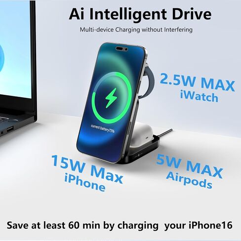 محطة شاحن لاسلكية 3 في 1 لشاحن iPhone mag-safe ، 15 واط سعة 15 واط للطي سريعًا ، مع الضوء الليلي ، وشاحن الهاتف المغناطيسي للمنزل للمنزل ، in Saudi Arabia