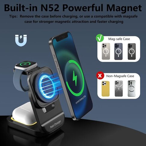 محطة شاحن لاسلكية 3 في 1 لشاحن iPhone mag-safe ، 15 واط سعة 15 واط للطي سريعًا ، مع الضوء الليلي ، وشاحن الهاتف المغناطيسي للمنزل للمنزل ، in Saudi Arabia