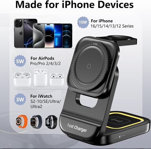 محطة شاحن لاسلكية 3 في 1 لشاحن iPhone mag-safe ، 15 واط سعة 15 واط للطي سريعًا ، مع الضوء الليلي ، وشاحن الهاتف المغناطيسي للمنزل للمنزل ، in Saudi Arabia