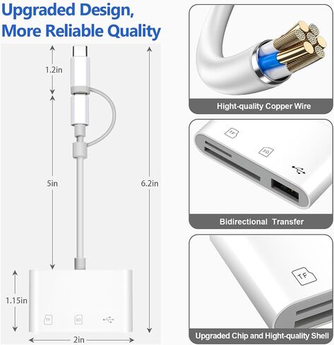 SD Card Reader for iPhone/Android, HCYEBT Memory Card Reader Supports SD/MicroSD Card and USB Devices, Built-in iOS & USB-C Dual Connectors Card Adapter, No App Required Plug and Play in Saudi Arabia